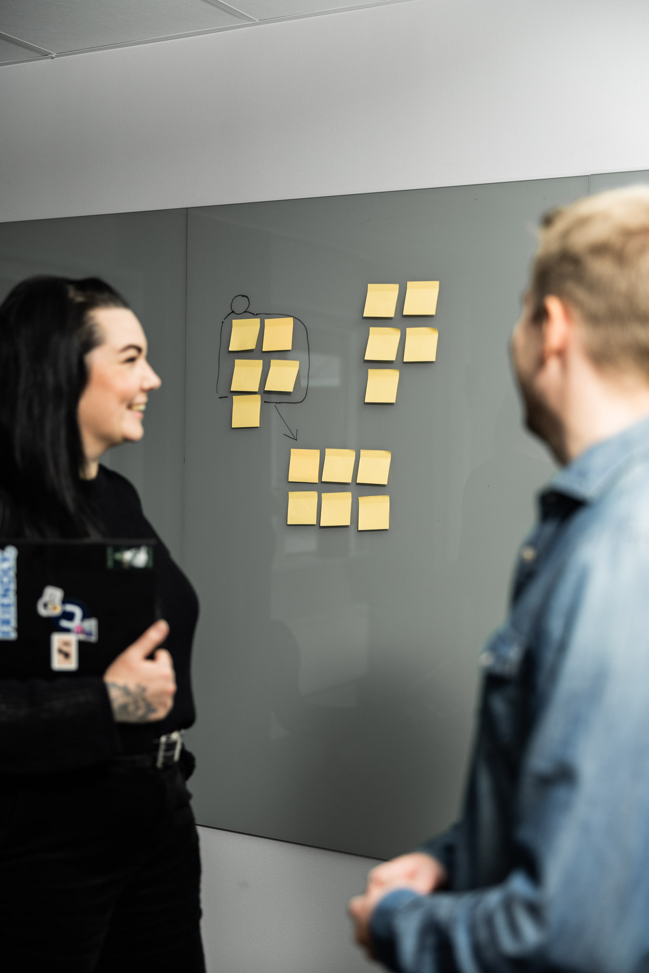 Kollegor som arbetar med kampanj- och målgruppsplanering framför en whiteboard.